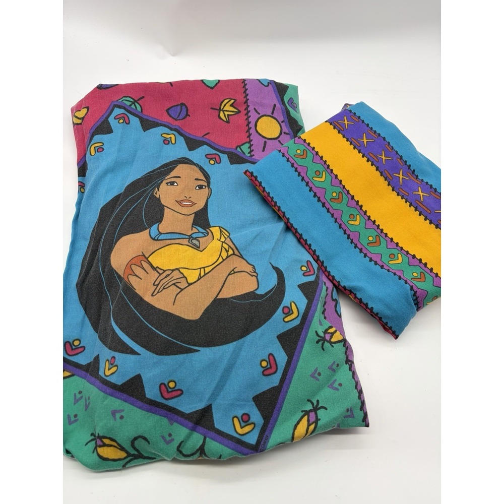 Vtg Disney 90s Pocahontas Sheet Set Twin Fitted Flat Rare Patchwork Multi Color